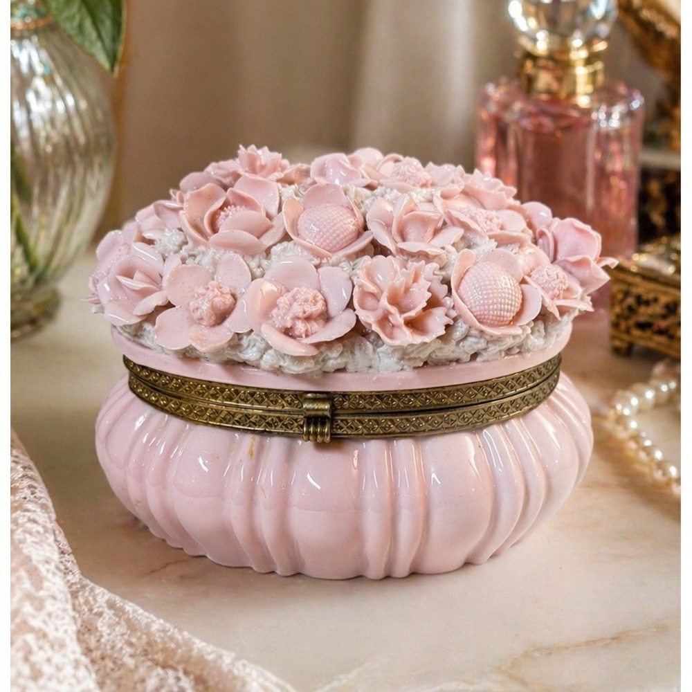 Vintage Ardalt Verithin Pink Porcelain Floral Trinket Box Italy 3D Flowers